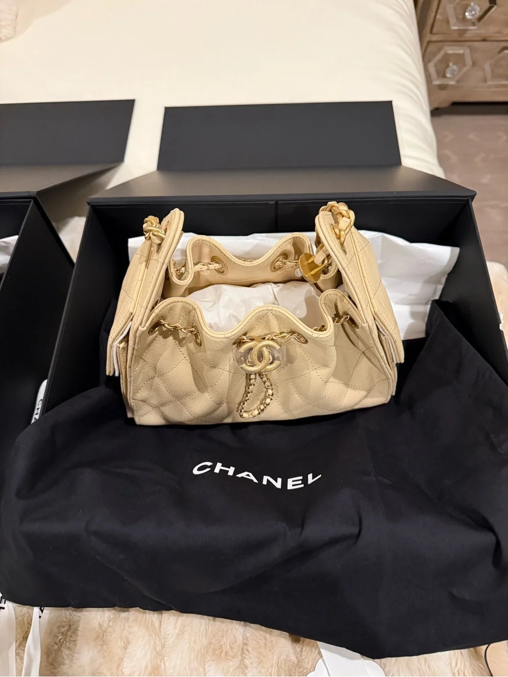 New Full Set CHANEL 25 Caviar Beige Quilted  Bag with Gold CC Hardware